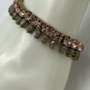 J. Crew Round Pink Crystal Tan‎ Pear Shaped Elastic Gold Tone Stretch Bracelet
